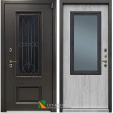 дверь с терморазрывом Лекс Термо Айсберг 3К с окном и ковкой (Муар коричневый / Сосна белая)